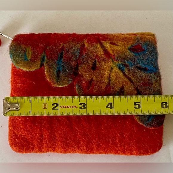 Zip Pouch Felted Boiled 100%Wool Clutch Bag Cosmetic Handmade Orange Leaf Motif - Picture 7 of 9